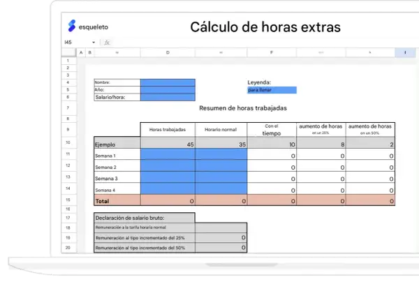 Hoja de cálculo "Cálculo de horas extras" muestra un resumen de horas trabajadas, incluyendo un ejemplo donde las horas extras cotizan con diferentes porcentajes de aumento.