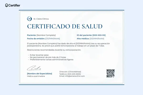 Certificado de salud de St. Claire Clínica, como es un justificante médico, detalla la recuperación postoperatoria de un paciente y sus restricciones.