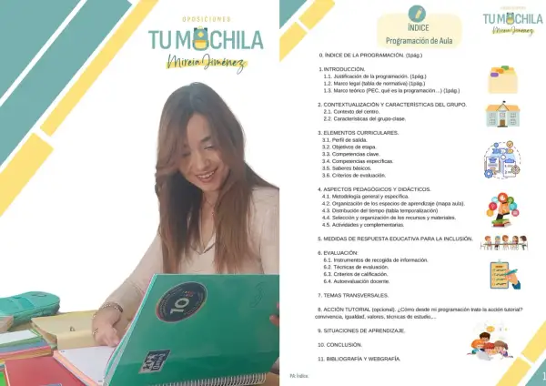 La imagen muestra el índice de "Programación de Aula" de Mireia Jiménez, detallando cuántos temas son las oposiciones de magisterio, incluyendo introducción, elementos curriculares y evaluación.