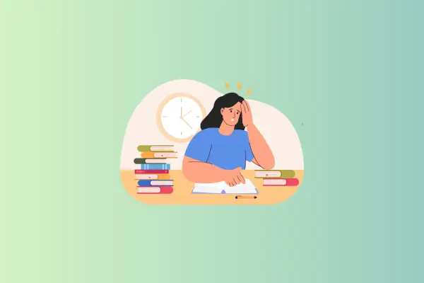Estudiante agobiada por el estudio. Busca **cursos homologados justicia gratis** para aliviar la carga.