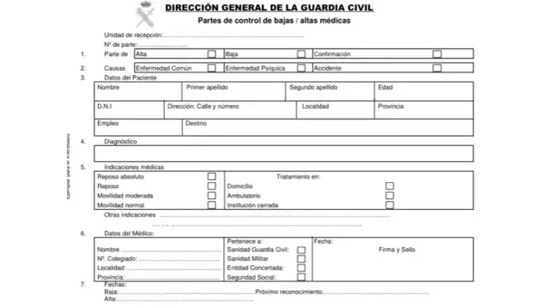 Formulario oficial de la Guardia Civil para partes de bajas y altas médicas. Incluye campos para datos del paciente, diagnóstico y tratamiento, como un justificante médico privado.