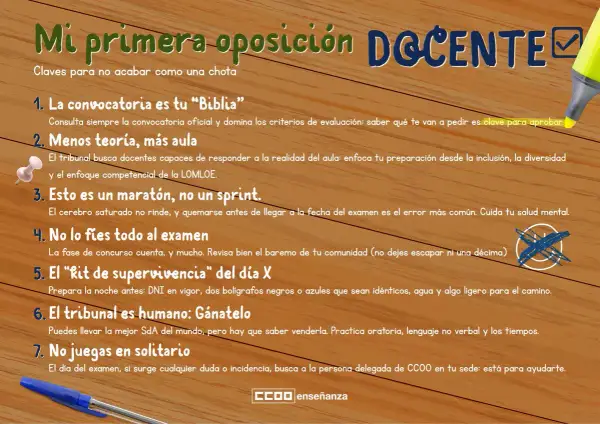 Claves para superar las oposiciones de maestros: la convocatoria es tu guía, enfócate en el aula, cuida tu salud mental y no te fíes solo del examen.