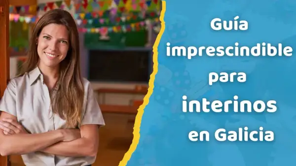 Guía imprescindible para funcionarios interinos en Galicia. Mujer sonriente con brazos cruzados en un aula decorada.