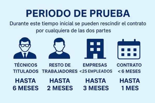 El periodo de prueba de un contrato indefinido varía: técnicos hasta 6 meses, resto de trabajadores 2 meses, empresas <25 empleados 3 meses, y contratos <6 meses 1 mes.