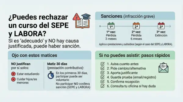 Información sobre rechazar cursos SEPE/LABORA. Detalla sanciones por infracción grave y pasos si no puedes asistir. El significado acreditado de la norma es claro: hay consecuencias.