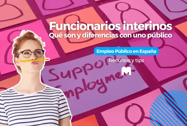 Mujer pensativa con un lápiz en la boca, rodeada de notas adhesivas con siluetas de personas. El texto explica qué es un interino en el empleo público.