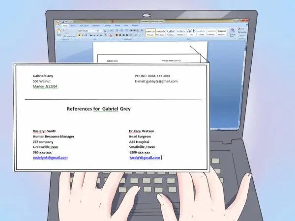 Documento de Word con referencias para Gabriel Grey, incluyendo contactos de Rosielyn Smith y Dr. Kara Watson.