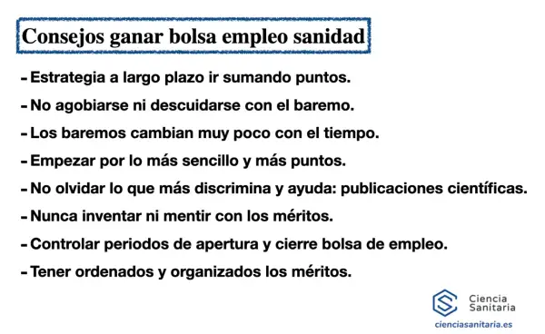 Consejos para la bolsa de empleo sanitario: estrategia, baremos, méritos y publicaciones. Cursos para personal no sanitario.