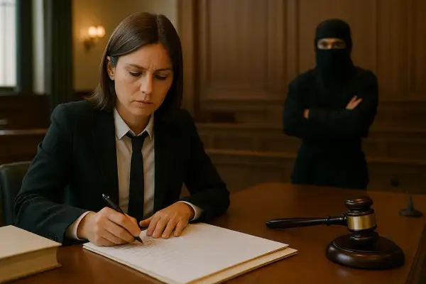 Una mujer con traje firma documentos en un juzgado, mientras una figura encapuchada observa. Así como este examen de tramitación procesal, la justicia requiere atención.