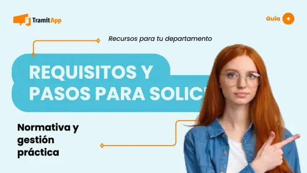 Guía sobre requisitos y pasos para solicitar excedencia voluntaria. Mujer pelirroja con gafas señala hacia la información.