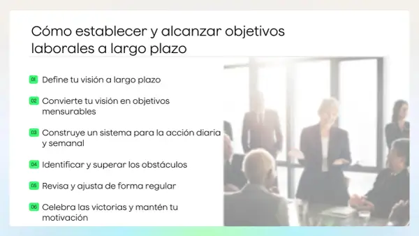 Guía para definir y alcanzar tus objetivos profesionales a largo plazo, con pasos claros y un equipo motivado.