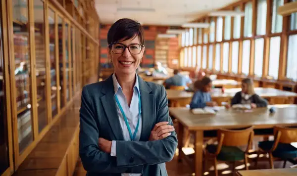 Profesora sonriente en biblioteca, lista para el test de gestión procesal. Estudiantes estudian al fondo.
