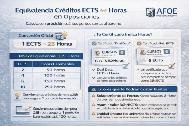 Infografía sobre cuántas horas de cursos para oposiciones secundaria equivalen a créditos ECTS. 1 ECTS son 25 horas.